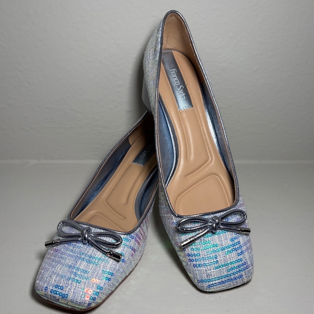 Franco Sarto Womens Iridescent Sequin Block Heel Pumps Square Toe Bow Silver